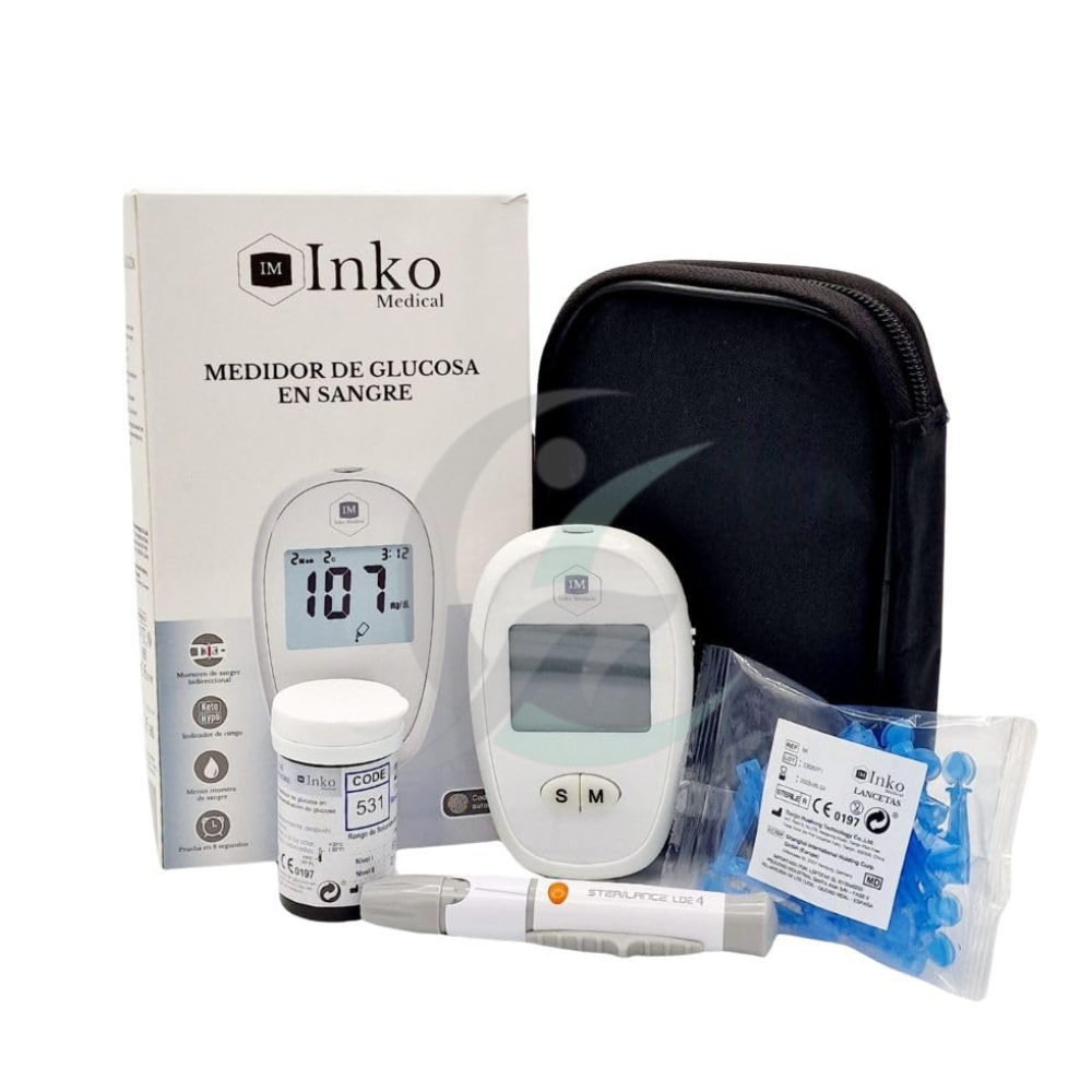 GLUCOMETRO GLM-78 INKO MEDICAL, INDICADOR DE CETOACIDOSIS DIABETICA E HIPOGLUCEMIA, INCLUYE BOLIGRAFO DE PUNCIÓN 25 LANCETAS Y 25 TIRASINKO MEDICAL 50 UNIDADES 